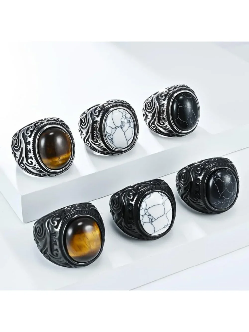 Vintage Retro Tiger Eye Stone Signet Ring for Men & Women - Engraved Stainless